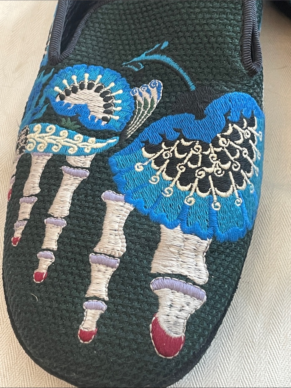 Loewe Embroidered Bone Crane Loafers Size 38 Green Velvet Luxury Flats - Picture 2 of 16